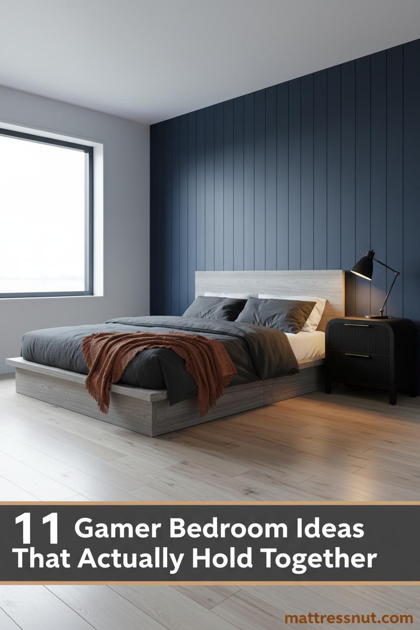 Navy slatted oak accent wall with bleached pine floors, charcoal linen bedding, rust throw, and warm matte black task lamp in a teen gamer bedroom