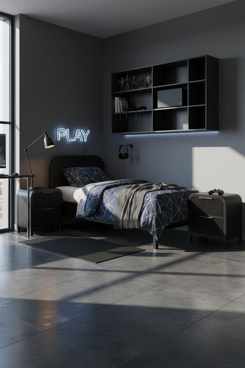 Gamer Bedroom Industrial Shelving with Gaming Console