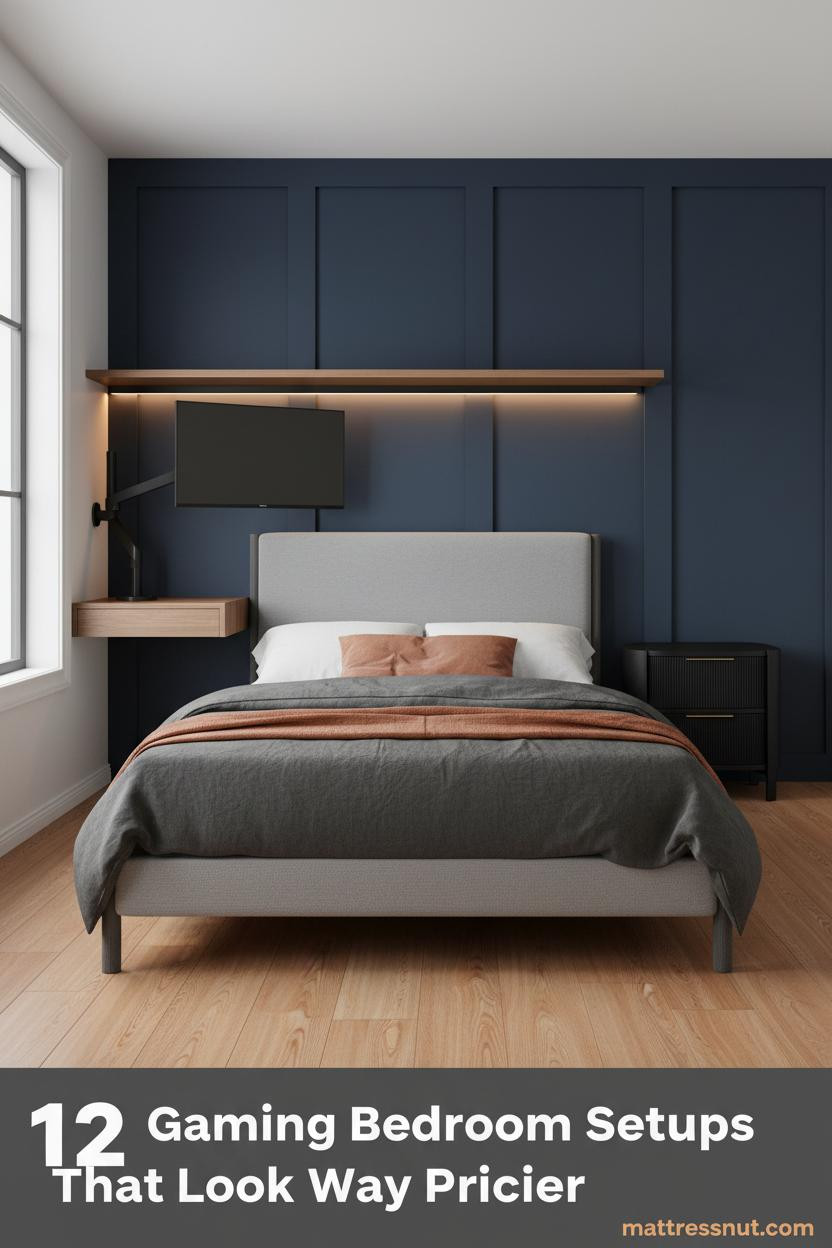 Small gaming bedroom with navy board-and-batten wall, walnut floating shelf, amber LED strip, matte black monitor arm, and charcoal linen bedding