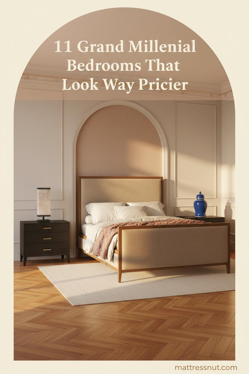 Grand millennial bedroom with blush plaster alcove, cream raised panel moldings, herringbone parquet, ivory linen bedding, and cobalt ginger jar accents