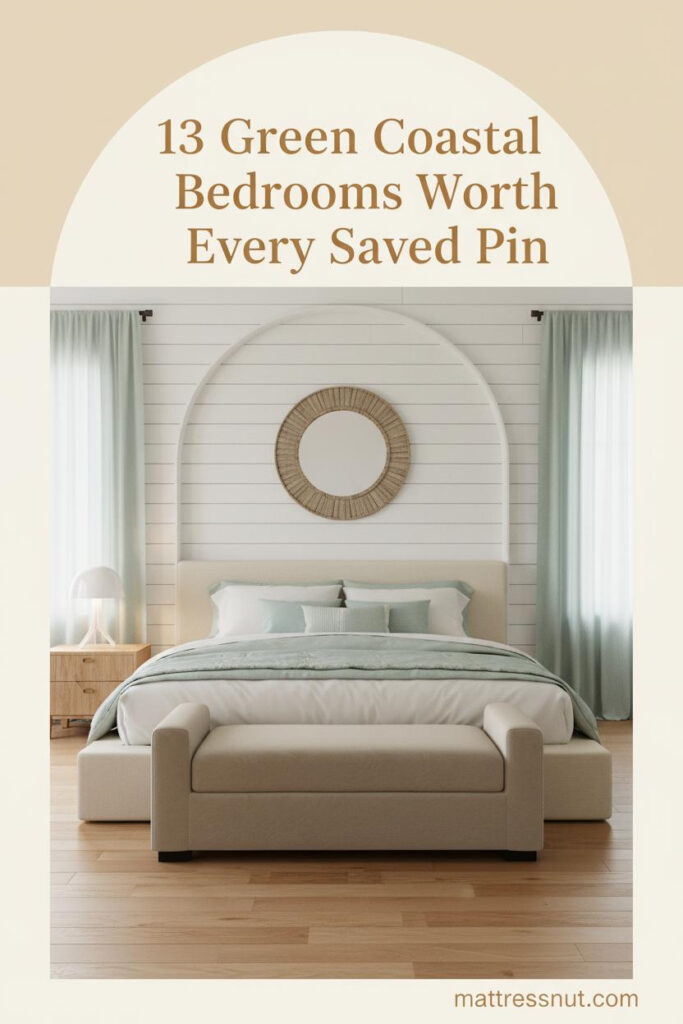 Sage green coastal bedroom with whitewashed shiplap wall, seafoam linen curtains, layered cream bedding, driftwood mirror, and warm maple floors