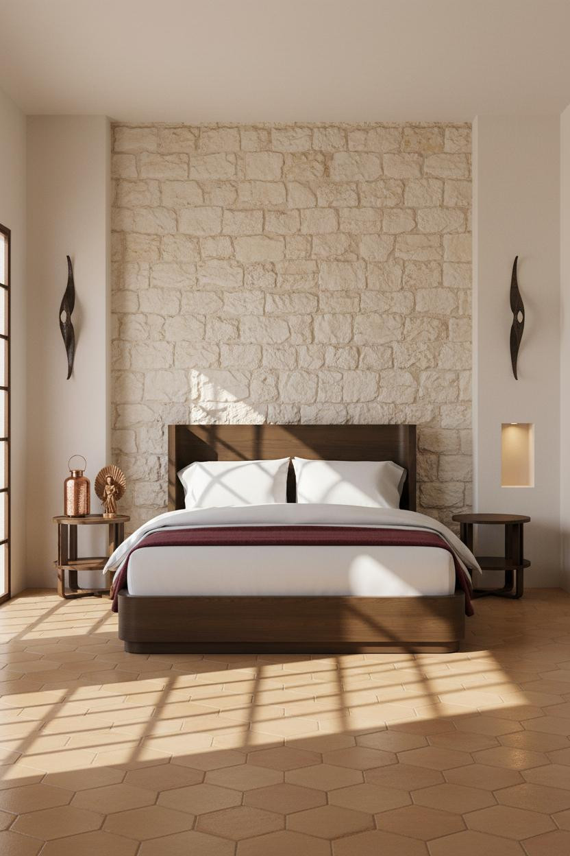 Hacienda Bedroom Stone Wall Iron Sconces