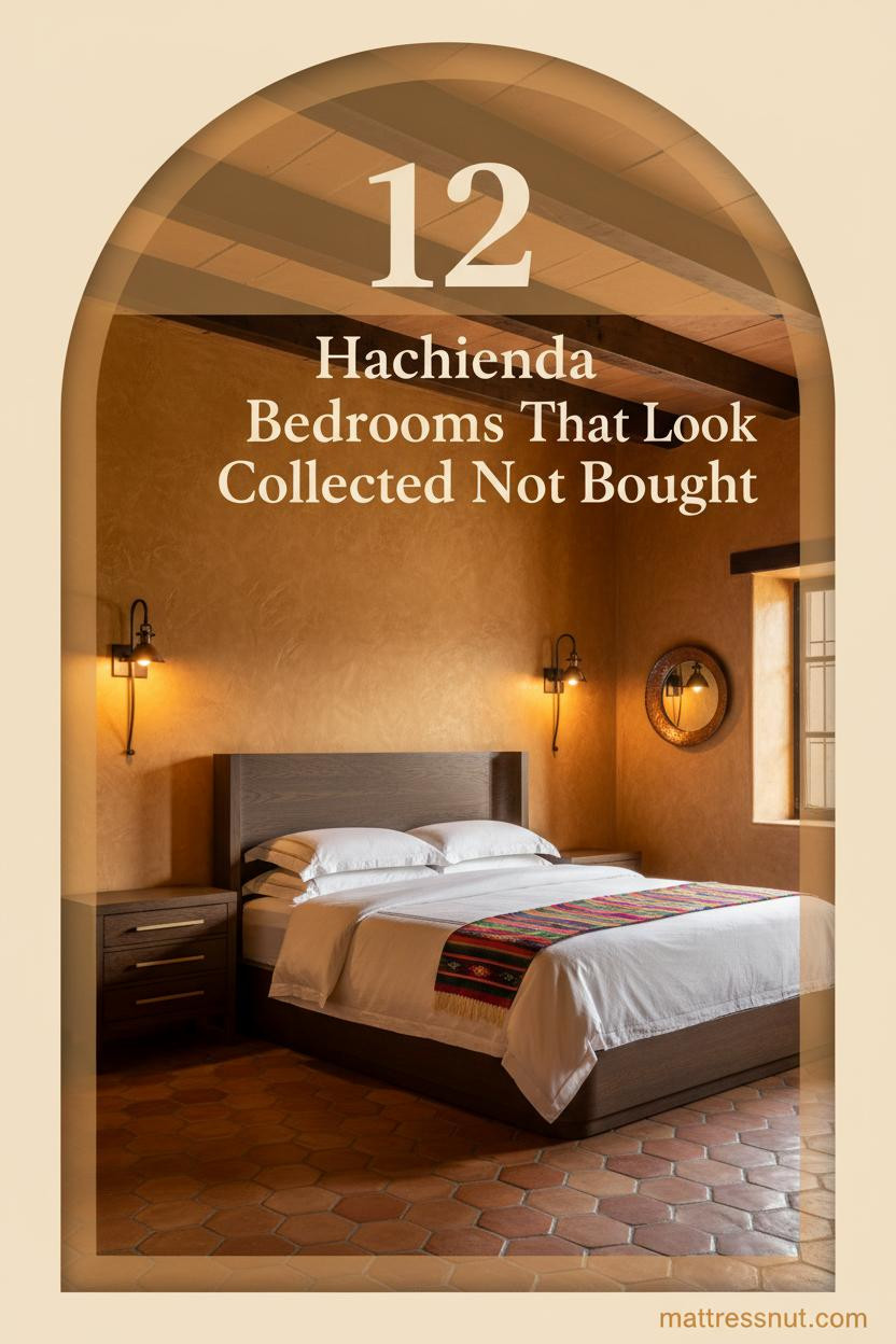 Hacienda bedroom with ochre plastered walls, walnut vigas, terracotta tile floor, kilim bedding, and hammered copper mirror accent