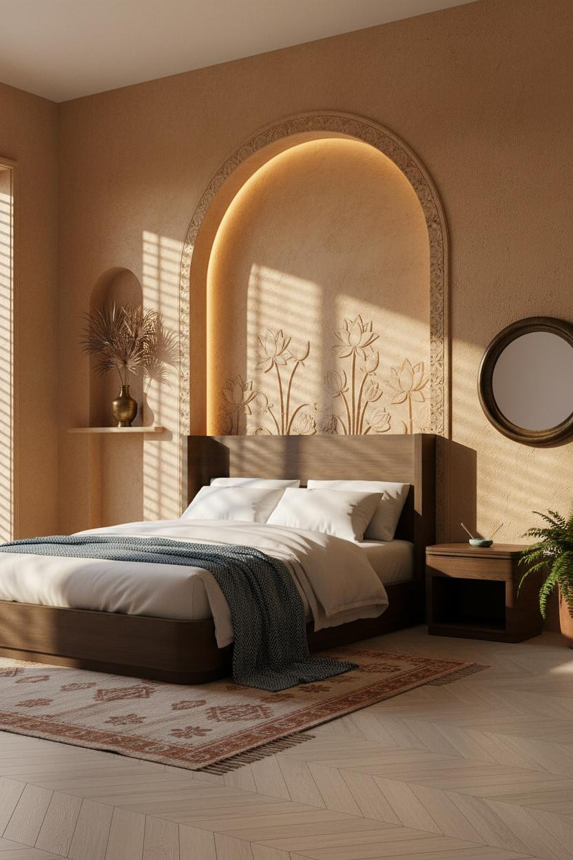 Indochine Bedroom Carved Alcove Brass