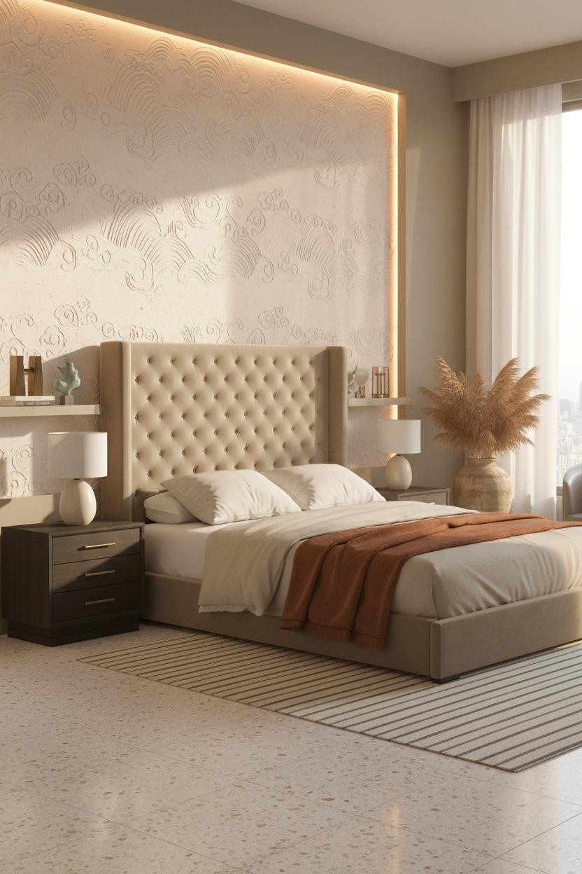 Indochine Bedroom Carved Plaster Wall