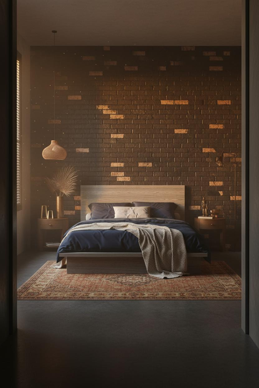 Indochine Bedroom Dark Brick Accent Wall