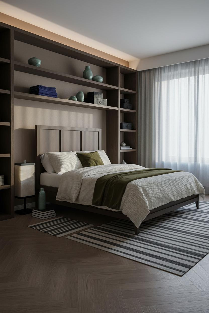 Indochine Bedroom Dark Wood Shelving Asian Design