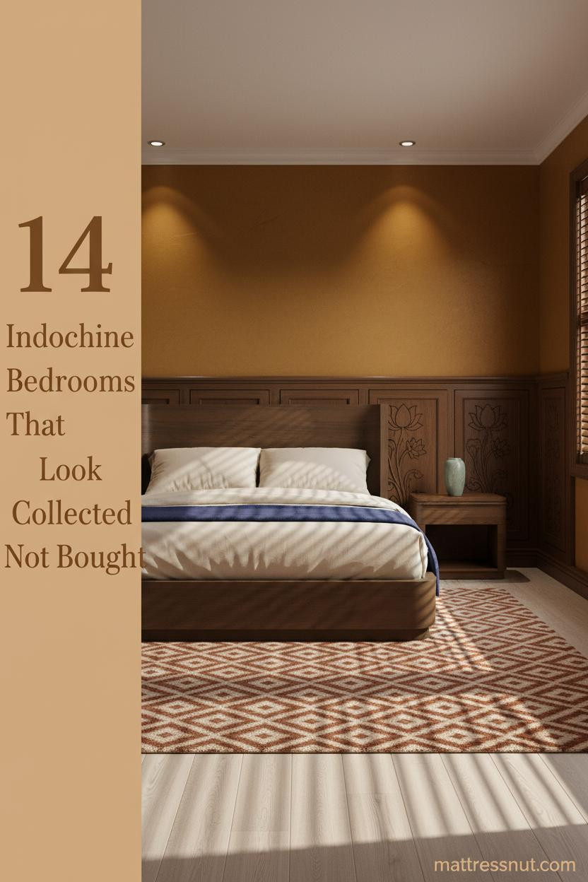 Indochine bedroom with deep ochre limewash walls, dark teak carved panels, cream linen bedding, indigo throw, and celadon ceramic on nightstand