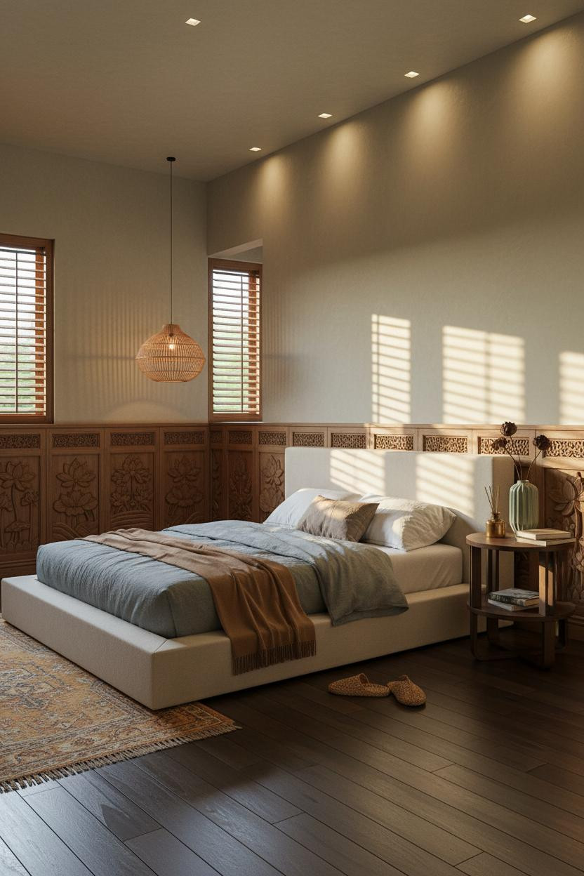 Indochine Bedroom Teak Wainscoting Asian Design