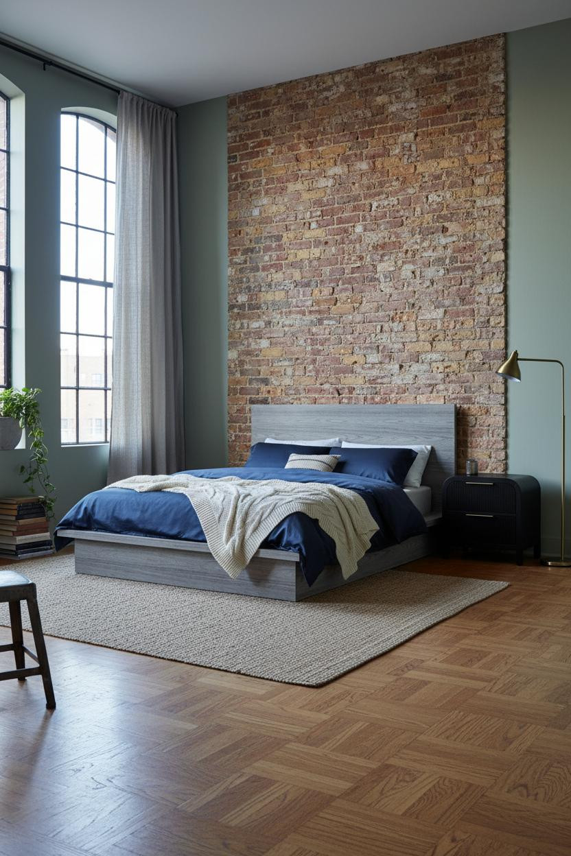 Industrial Bedroom Brick Herringbone Brass