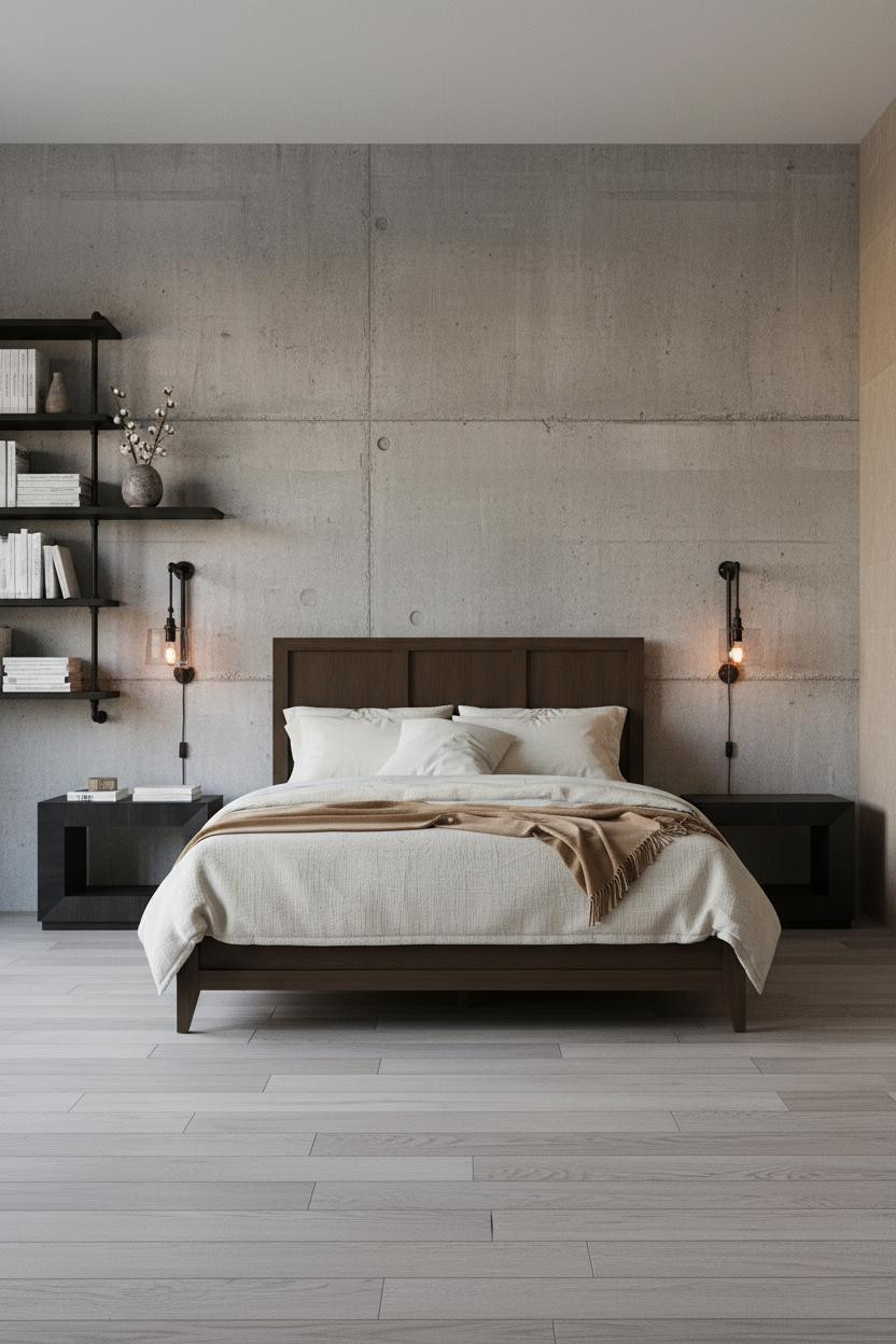 Industrial Bedroom Concrete Wall Design