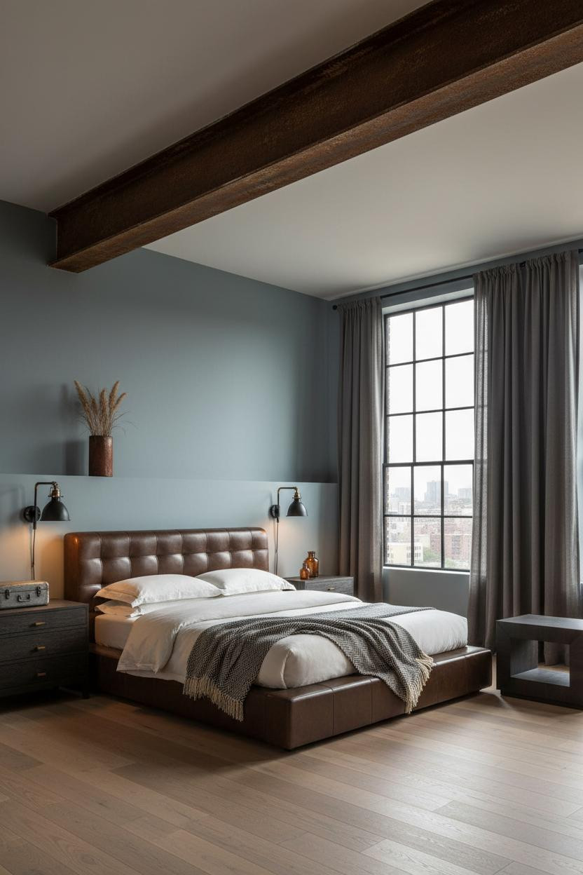 Industrial Bedroom Exposed Beam Loft
