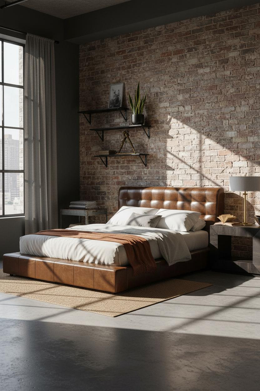 Industrial Bedroom Exposed Brick Metal Shelving