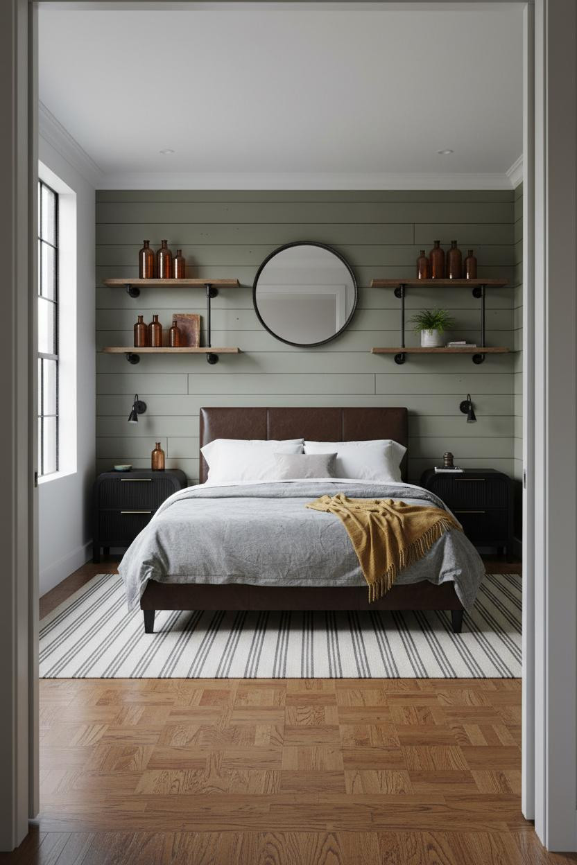 Industrial Bedroom Shiplap Iron Shelves