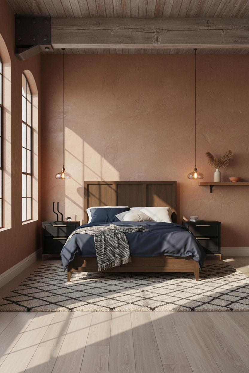 Industrial Bedroom Wood Beam Loft