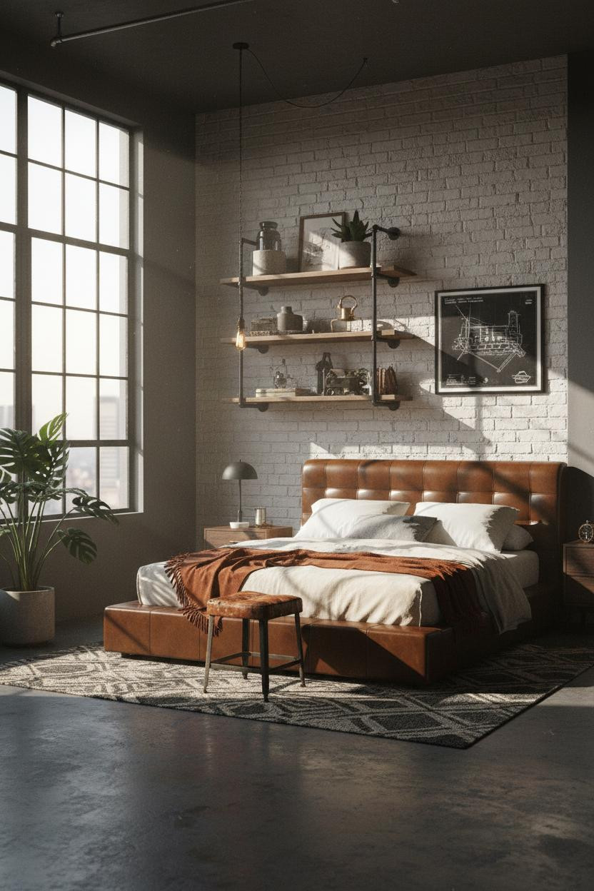 Industrial Chic Bedroom Brick Steel Shelving