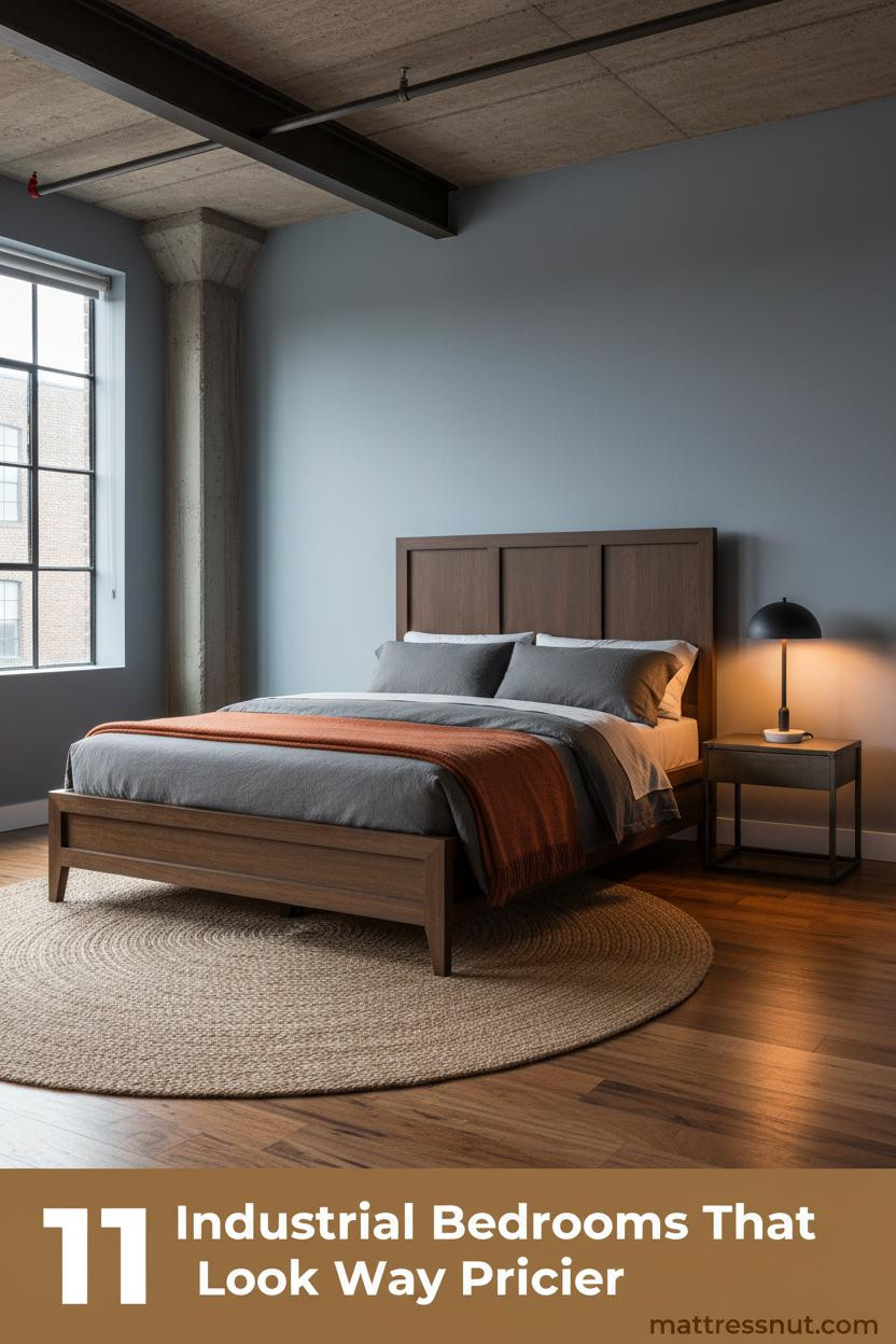 Industrial loft bedroom with raw concrete ceiling, exposed steel beam, dusty blue-grey limewash walls, charcoal linen bedding, and warm amber lamp glow