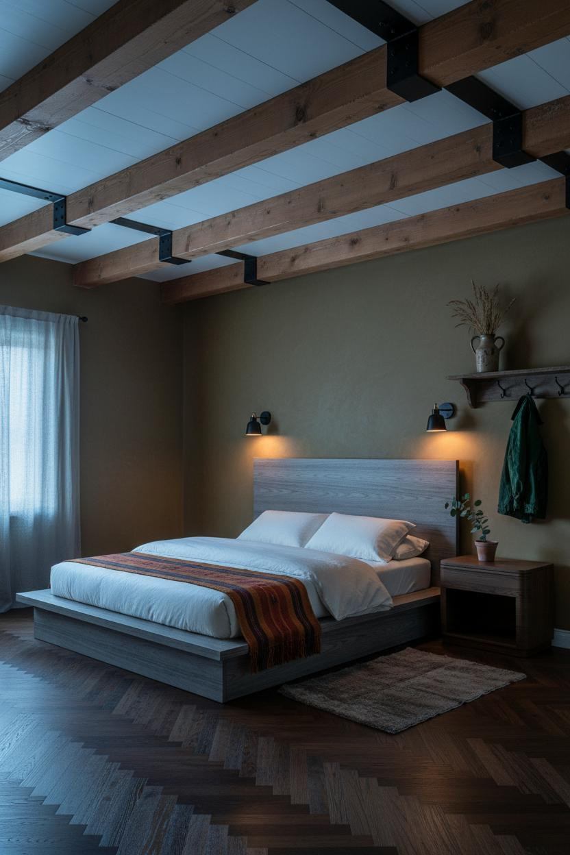 Industrial Farmhouse Bedroom Dark Wood Beams