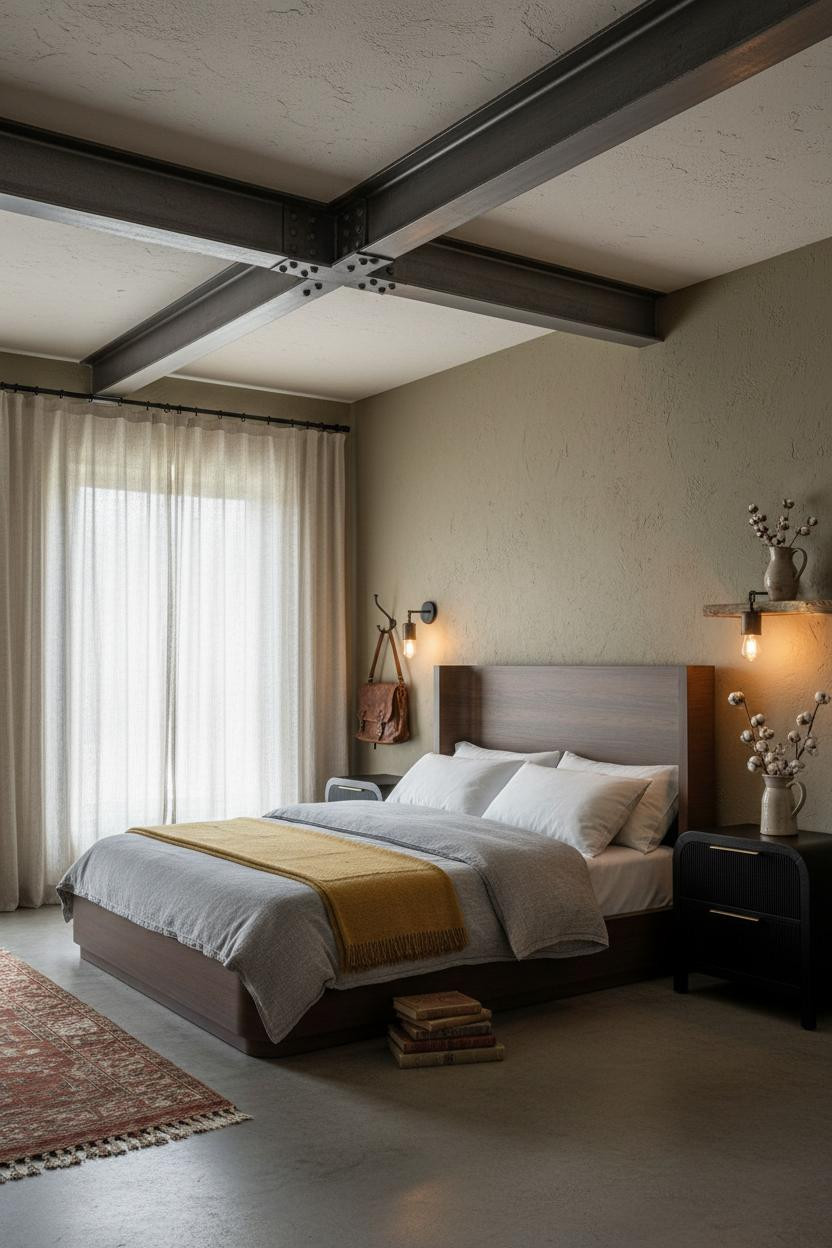 Industrial Farmhouse Bedroom Exposed Beams