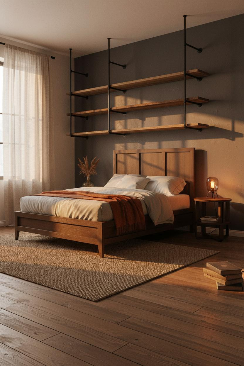 Industrial Farmhouse Bedroom Exposed Shelving