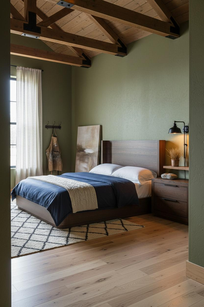 Industrial Farmhouse Bedroom Exposed Wood Trusses