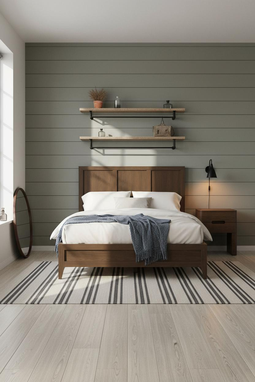 Industrial Farmhouse Bedroom Sage Shiplap Iron Shelving