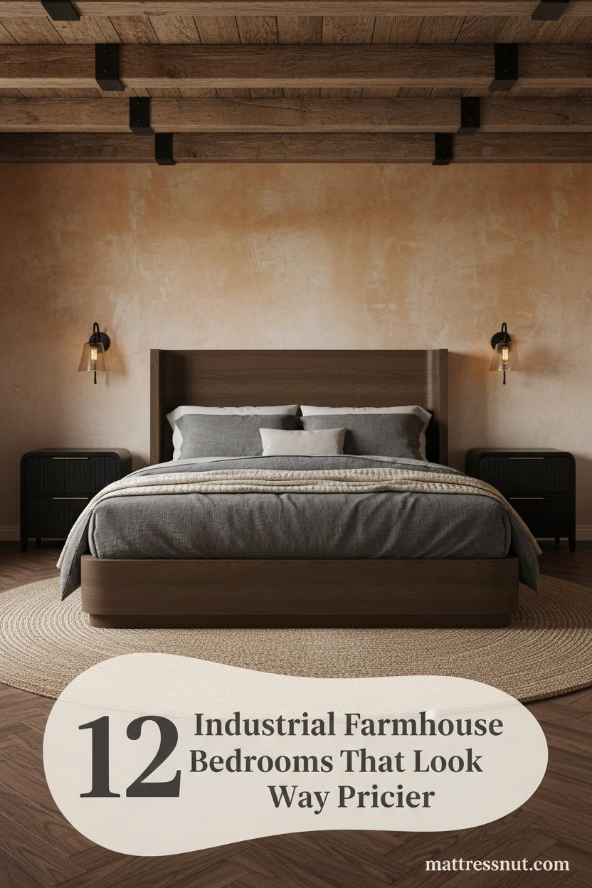 Rustic industrial bedroom with reclaimed beam ceiling, limewash plaster wall, charcoal linen duvet, walnut floors, and warm iron sconces