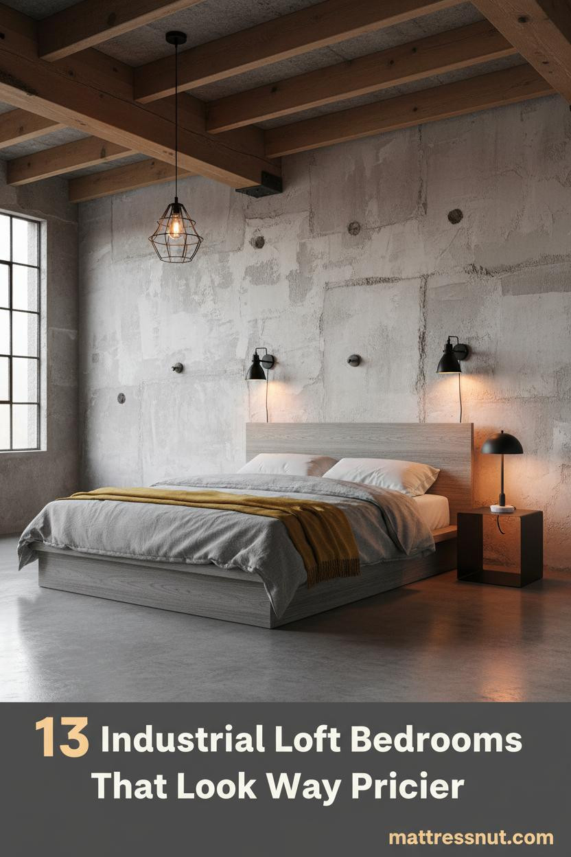 High-ceiling industrial loft bedroom with exposed concrete, timber joists, raw plaster walls, black steel sconces, and warm amber lighting