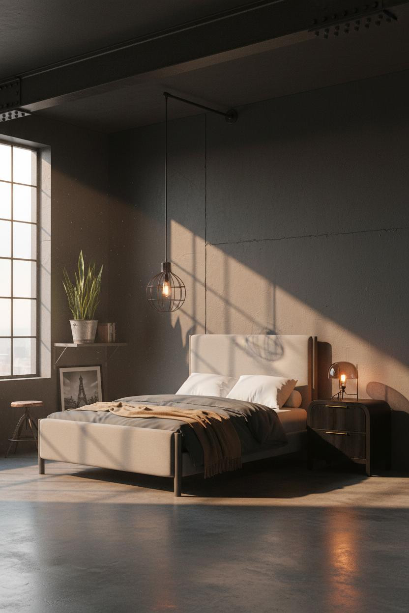 Industrial Loft Bedroom Steel Beam Concrete