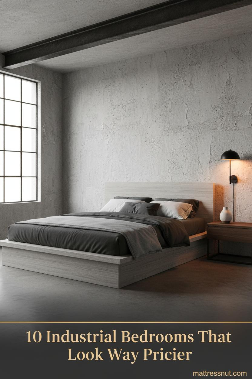 Industrial loft bedroom with raw plaster wall, exposed steel beam, polished concrete floor, charcoal linen bedding, and amber sconce lighting