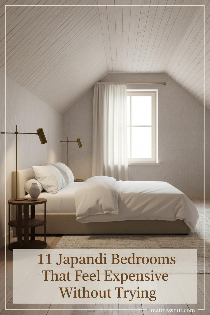 Attic Japandi bedroom with ivory linen platform bed, walnut nightstand, ceramic vessel, slatted ash ceiling, and warm dormer morning light