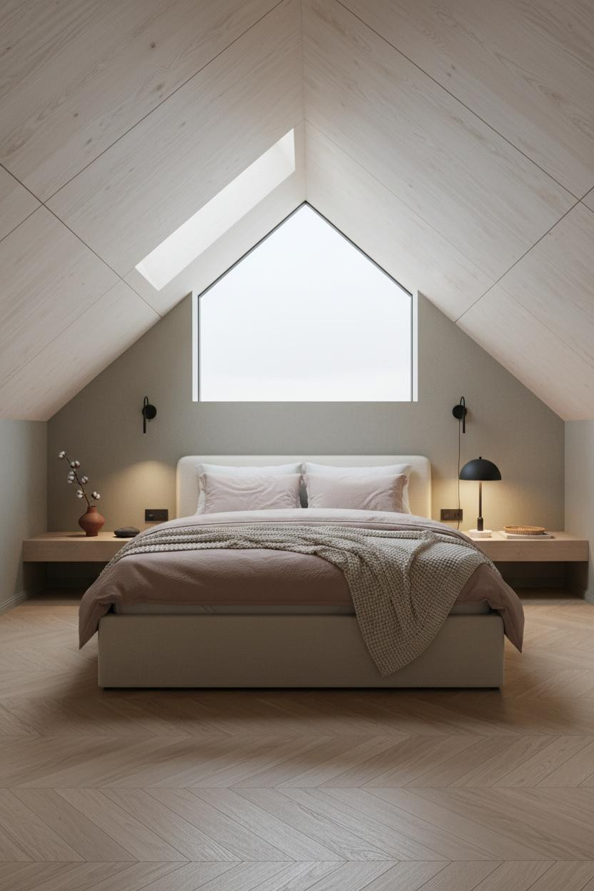 Japandi Bedroom Attic Birch Ceiling Scandi