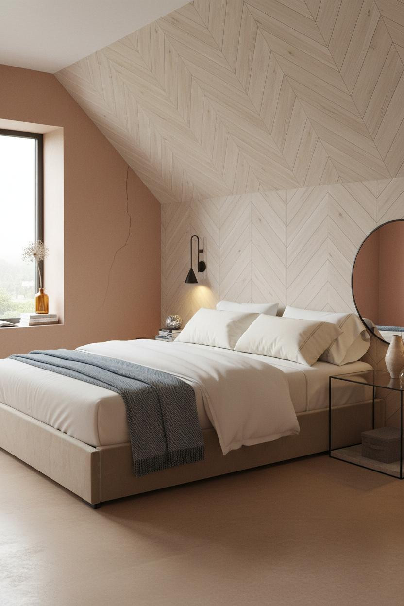 Japandi Bedroom Attic Herringbone Accent Wall