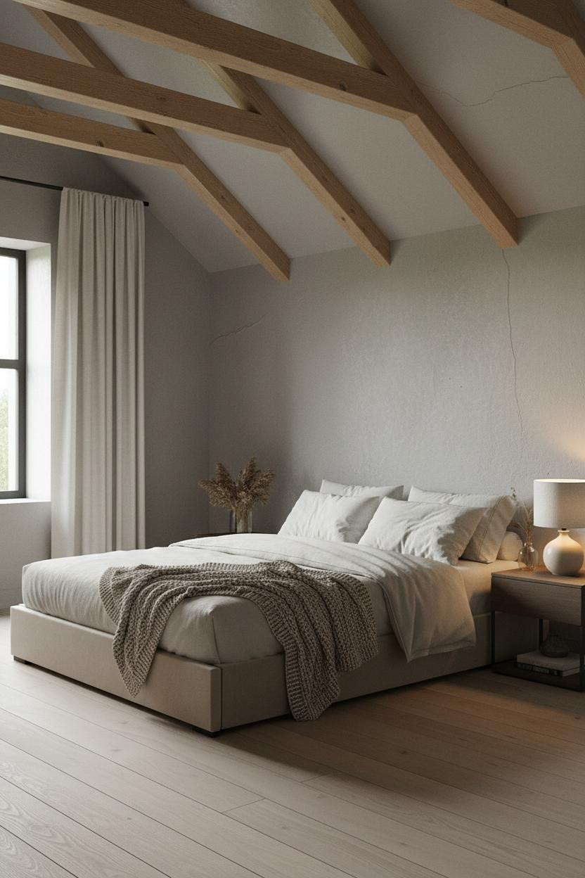 Japandi Bedroom Attic Natural Wood Beams
