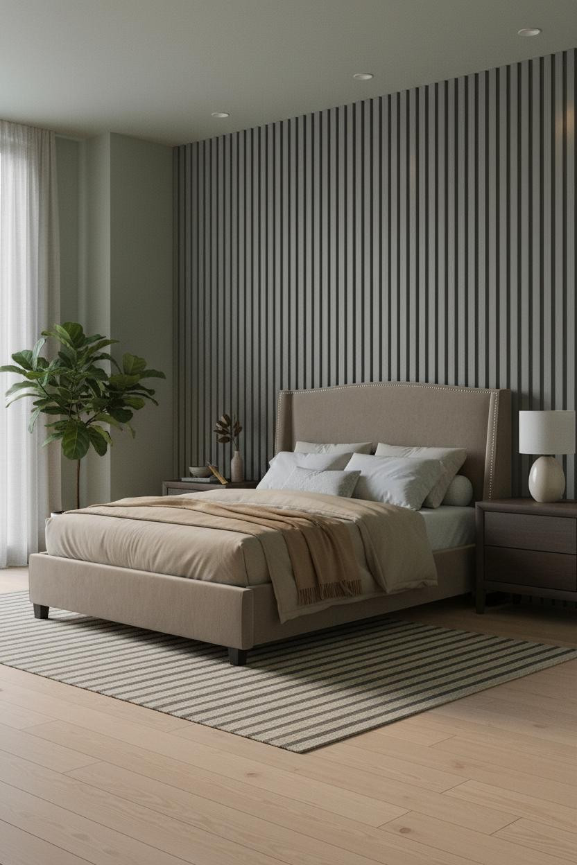 Japandi Bedroom Charcoal Slatted Wall Minimal