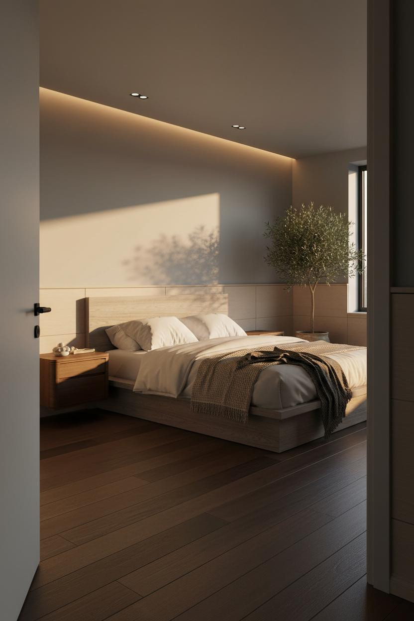 Japandi Bedroom Design Wainscoting Warm Light