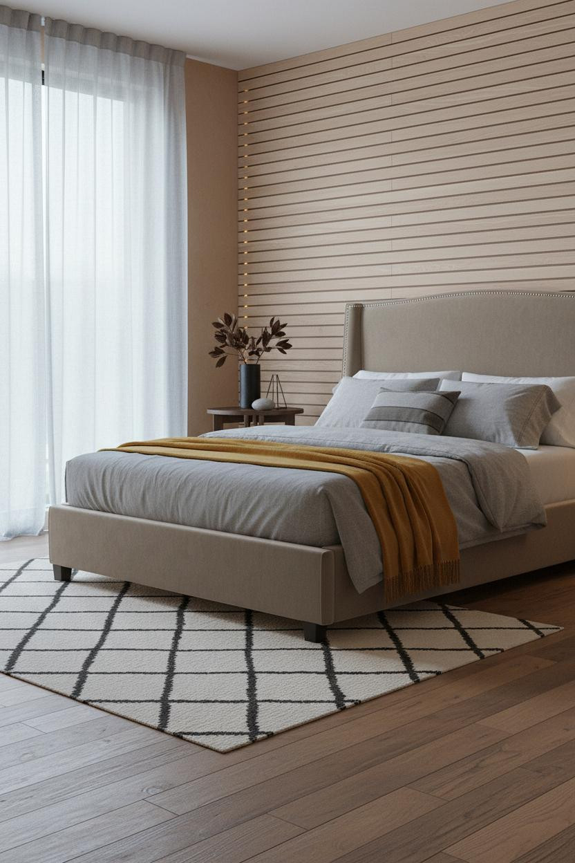 Japandi Bedroom Design Wood Slat Wall