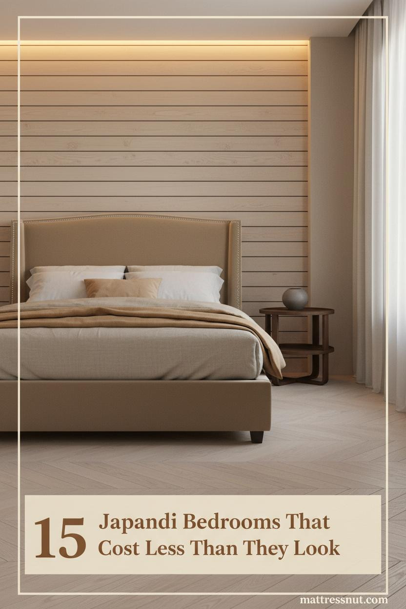 Japandi bedroom with pale ash slat wall, warm amber LED lighting, oatmeal linen bedding, camel wool throw, and bleached oak herringbone floor