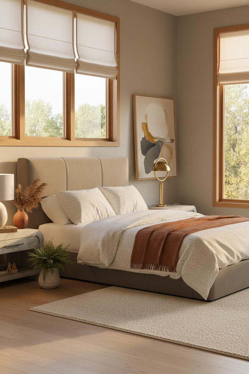 Warm Japandi bedroom with cream linen Roman shades filtering golden afternoon light, Saatva Lucerne bed with ivory cotton duvet, rust linen throw, bleached oak flooring, jute rug, terracotta vase, and Areos bedside lamp casting warm glow on nightstand.