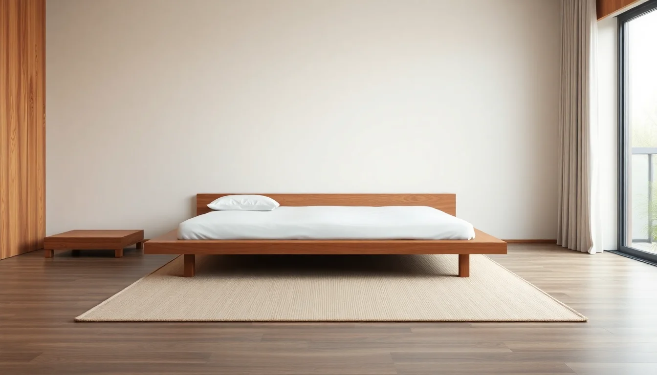Low-profile minimalist Japanese-style wooden platform bed in serene bedroom