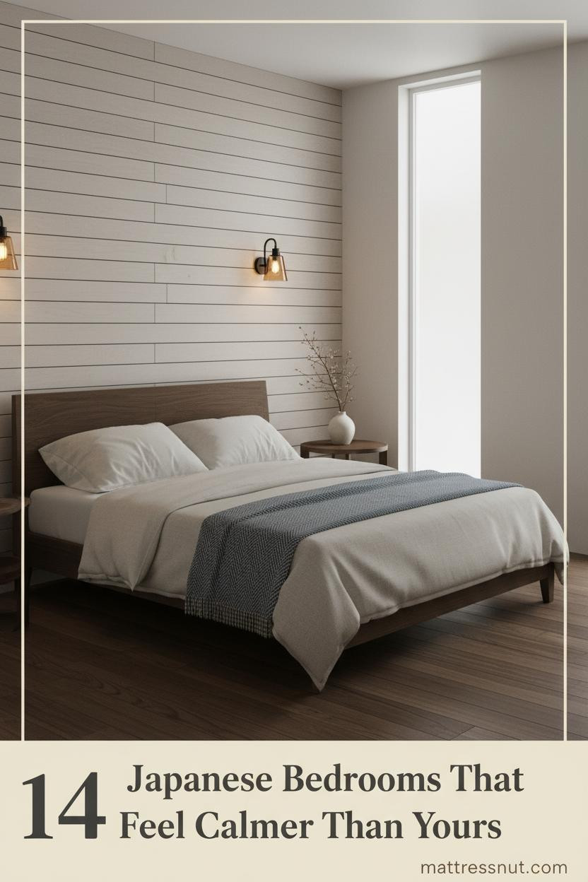 Low platform bed with oatmeal linen bedding, pale ash slat accent wall, dark timber floors, steel blue throw, and warm amber sconces