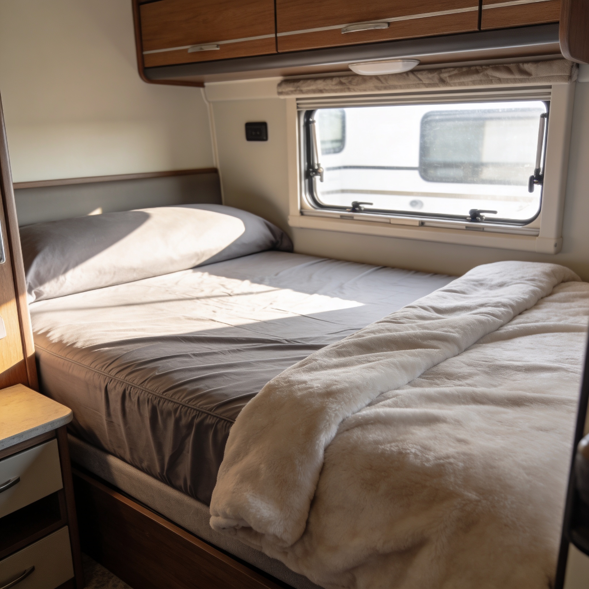 Queen mattress fitted in RV camper bedroom interior