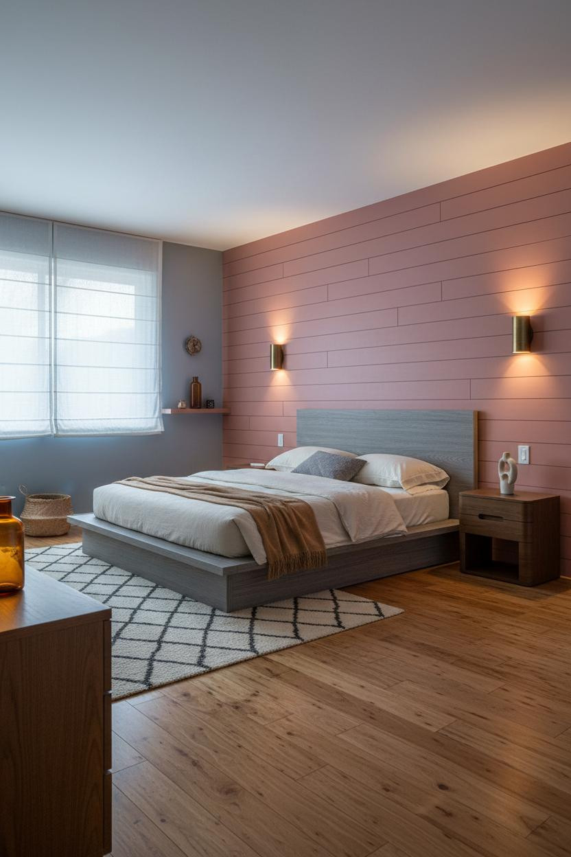 MCM Bedroom Dusty Rose Shiplap Warm Wood