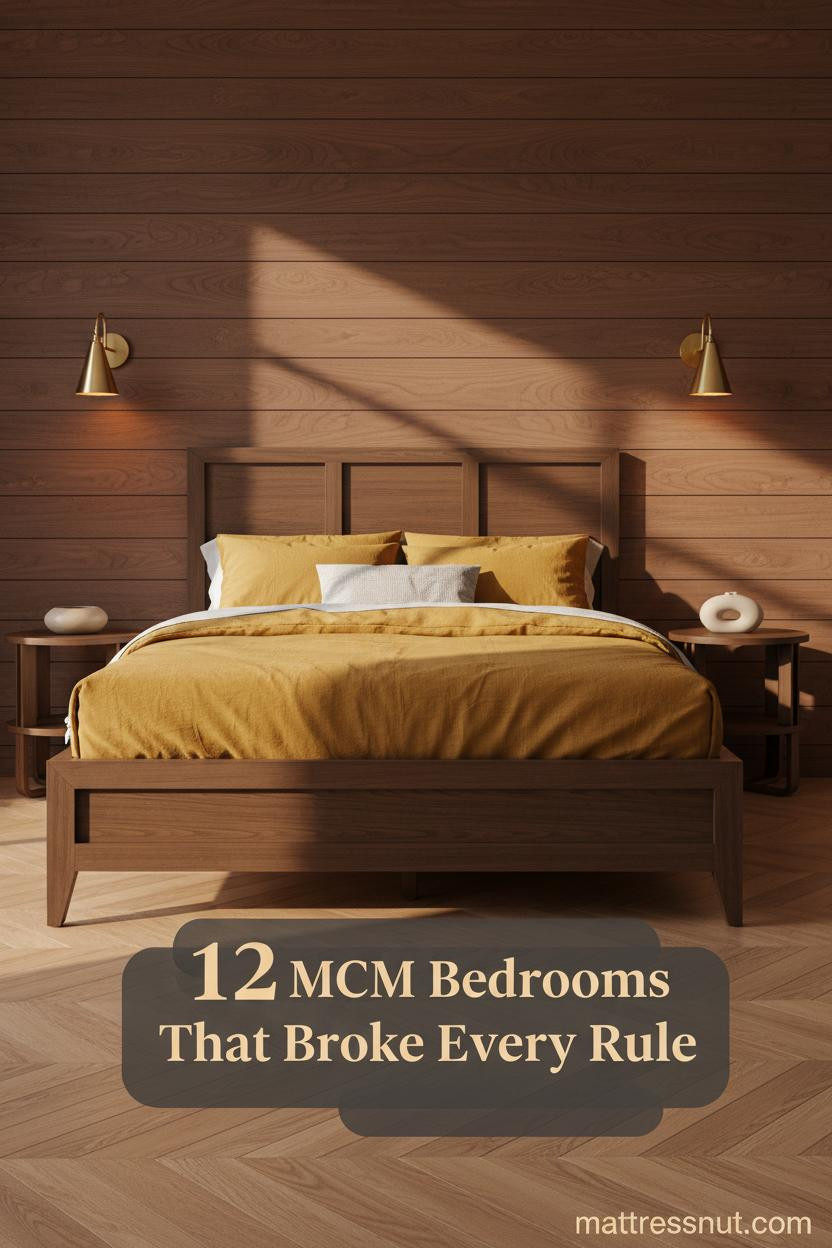 Mid-century modern bedroom with walnut wall paneling, mustard linen bedding, herringbone oak floors, brass sconces, and a sculptural ceramic nightstand accent