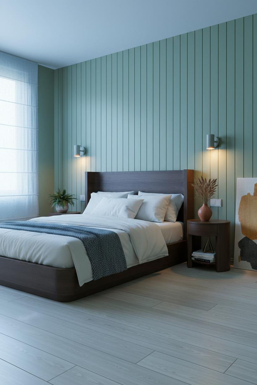 MCM Bedroom Sage Paneling Japandi Design