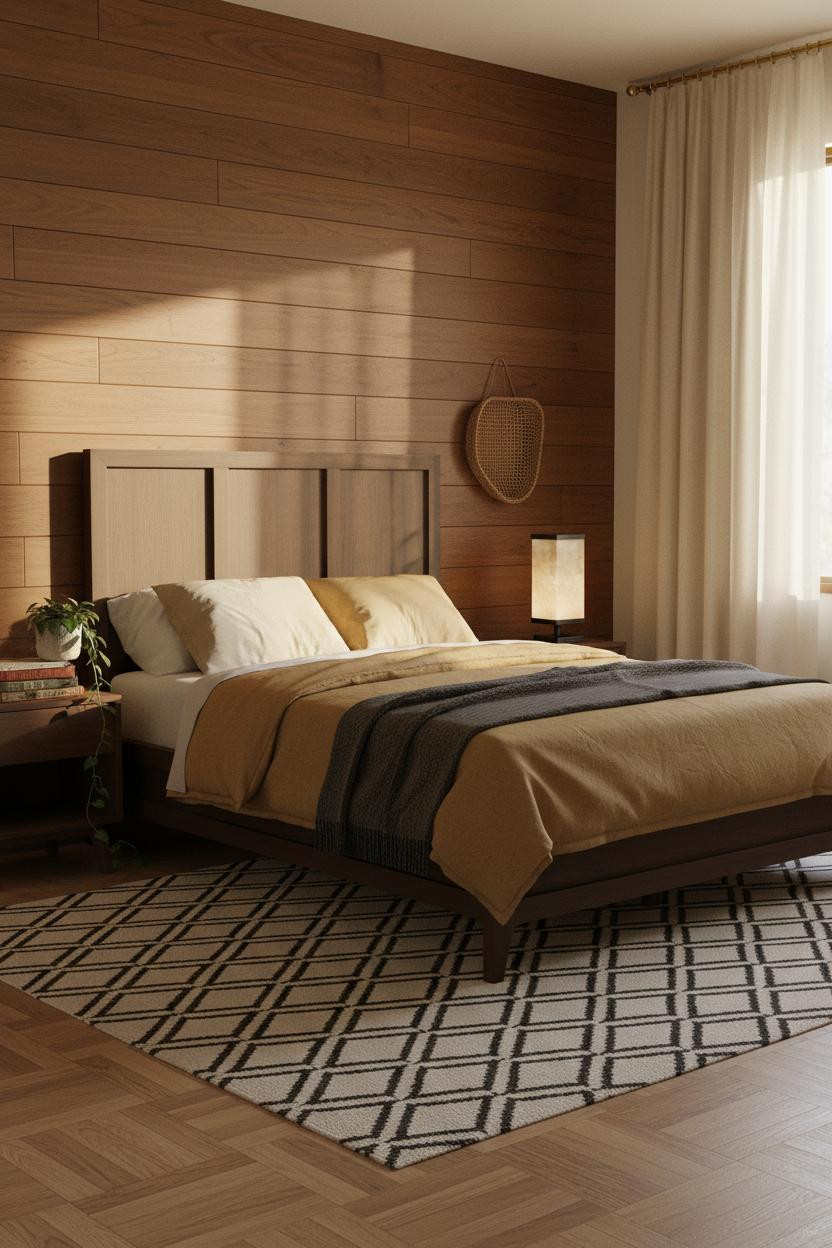 MCM Bedroom Walnut Paneling Golden Light