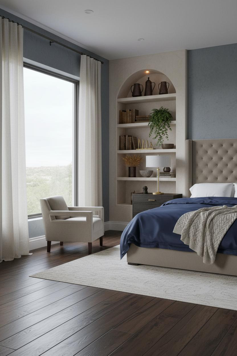 Mediterranean Bedroom Arched Plaster Shelving