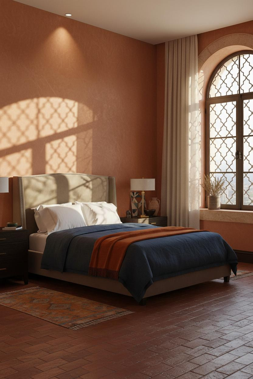 Mediterranean Bedroom Arched Window Terracotta Tile