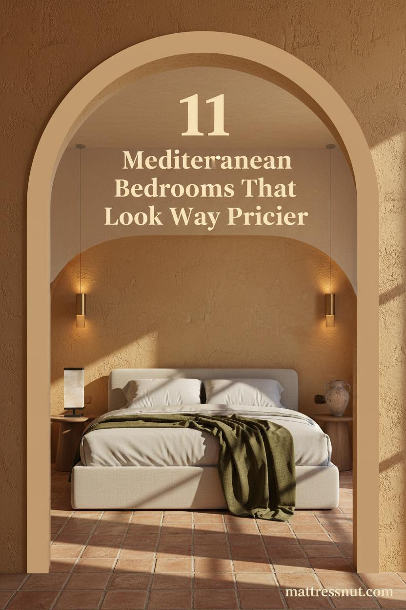 Mediterranean bedroom with ochre stucco arch, terracotta tile floor, brass sconces, neutral linen bedding, olive throw, and aged clay nightstand decor