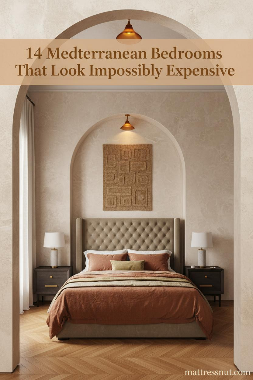 Arched alcove Mediterranean bedroom with marmorino plaster walls, honey oak herringbone parquet, stone-washed linen bedding and warm amber sconce lighting